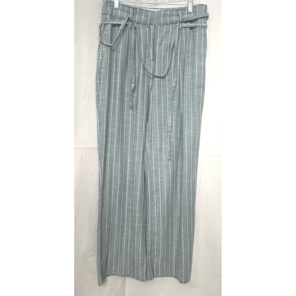 Vero Moda Serena Beach Coastal Oversized Pinstripe Wide Leg Pants 10? Moss Green